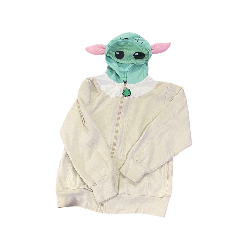 Kids Baby Yoda Hoodie Med Beige and Green Hooded Zip Up Sweatshirt Disney Grogu